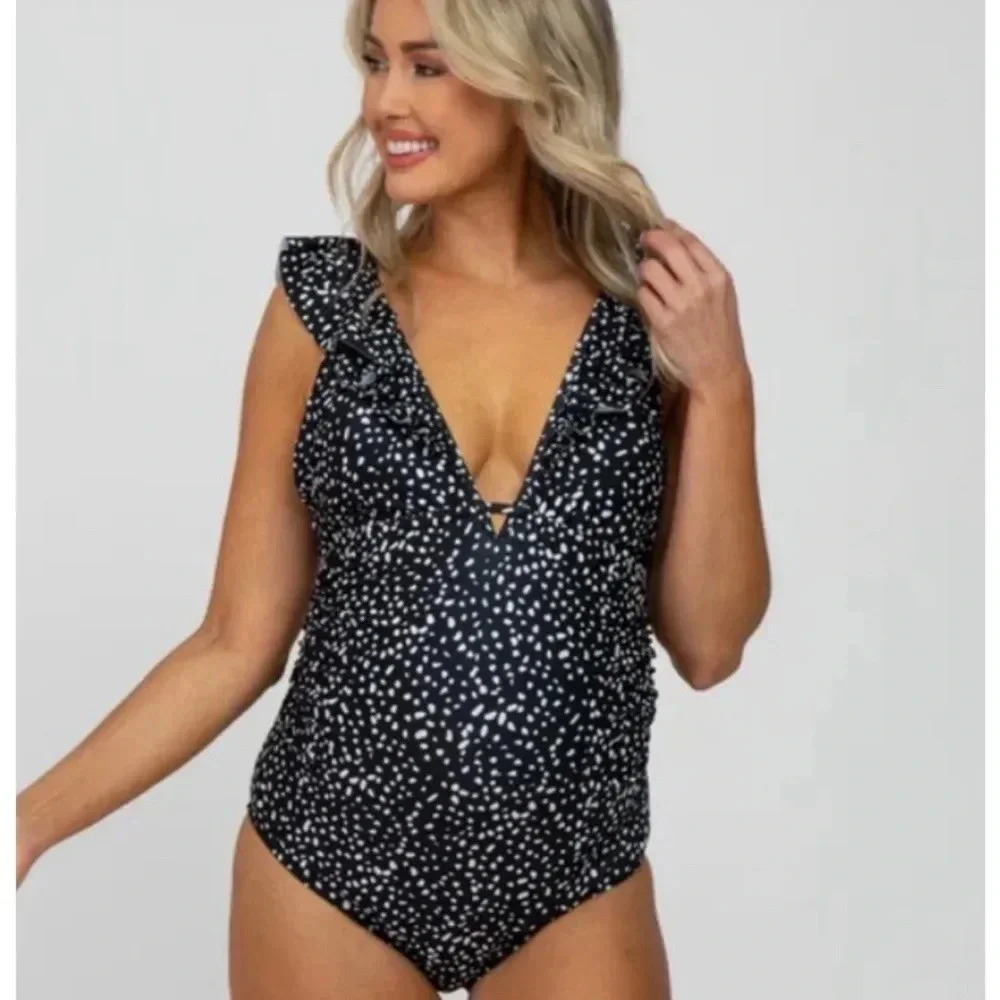 Pinkblush‎ black animal print ruffle Maternity Swimsuit